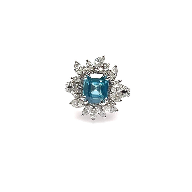 Cambodian Blue Zircon & Star Halo Diamond Ring (7.15cttw.)