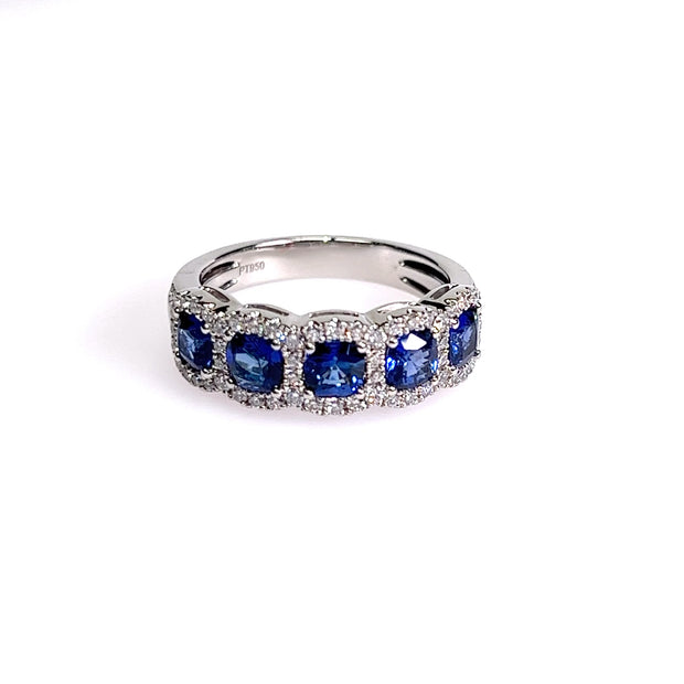 Ceylon Five Stone Halo Sapphire & Diamond Platinum Ring (2.04cttw.)