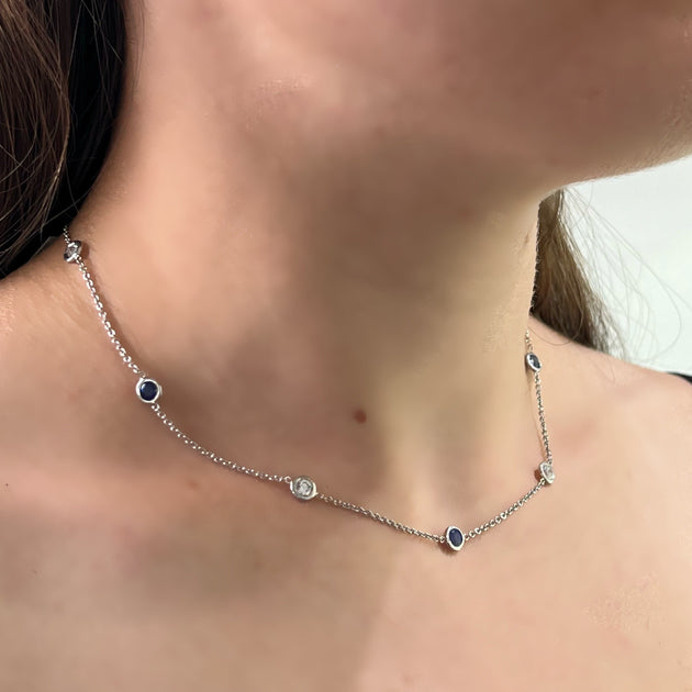 Azora 9 Stone Diamond and Blue Sapphire by the Yard Necklace (2.50 ctt ...