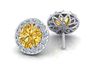 Normandie Round Halo Yellow Sapphire and Diamond Earrings