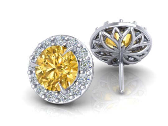 Normandie Round Halo Yellow Sapphire and Diamond Earrings