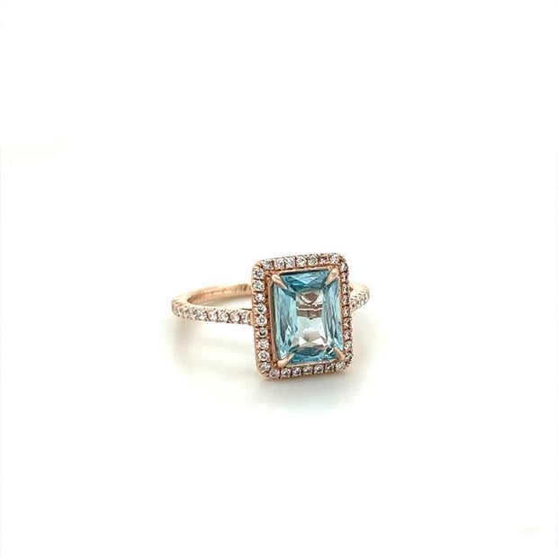 Bayeux Emerald Cut Blue Zircon & Diamond Halo Ring (2.65cttw.)